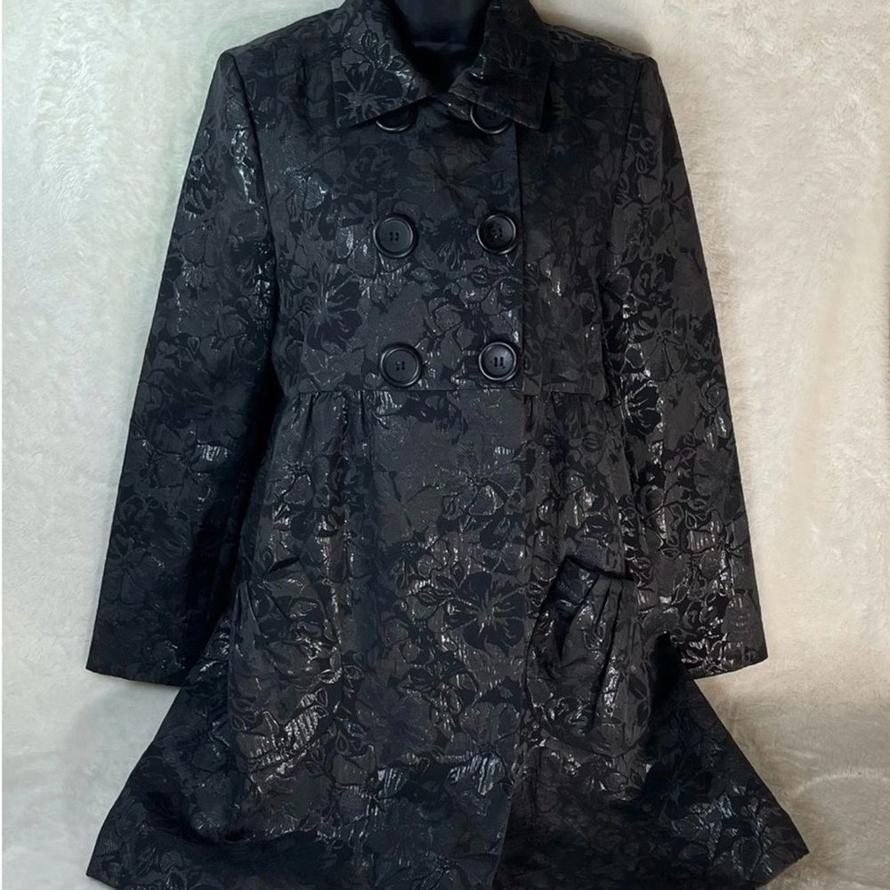 Simply Vera Vera Wang Black Floral Jacquard Trench Coat | Double Breasted